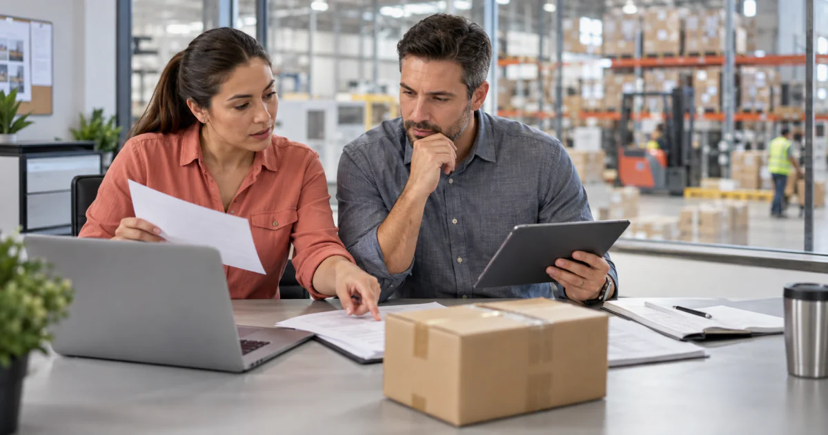 Supply chain staff reviewing a purchase order business exception before order release