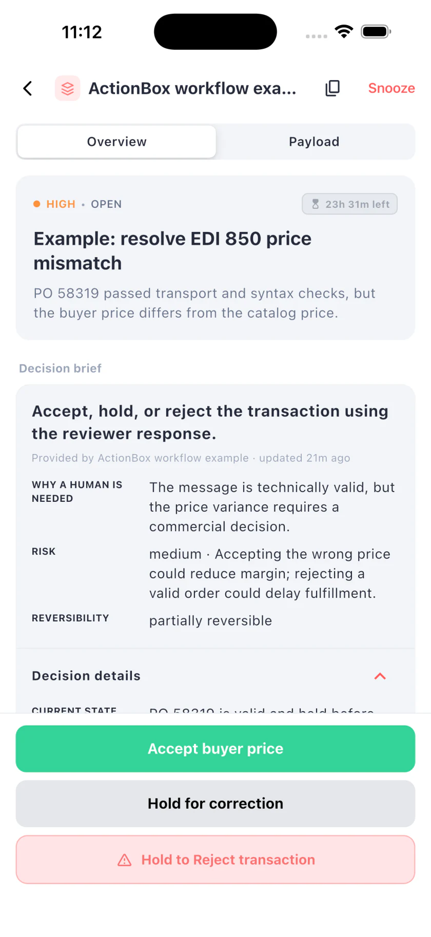 ActionBox mobile Action showing an EDI 850 price mismatch with accept, hold, and reject responses