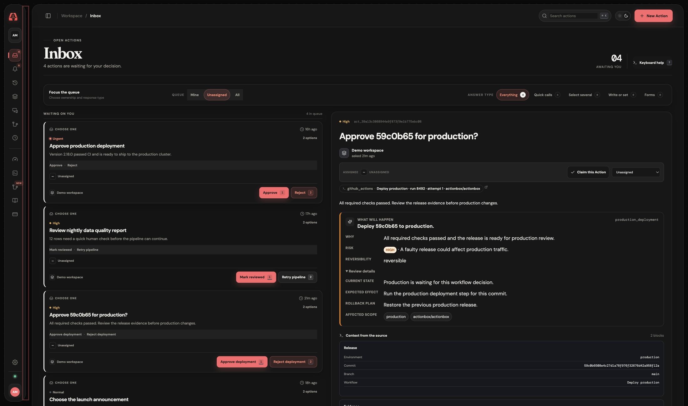 An open production deployment Action in the ActionBox inbox with bounded risk, rollback, and release evidence