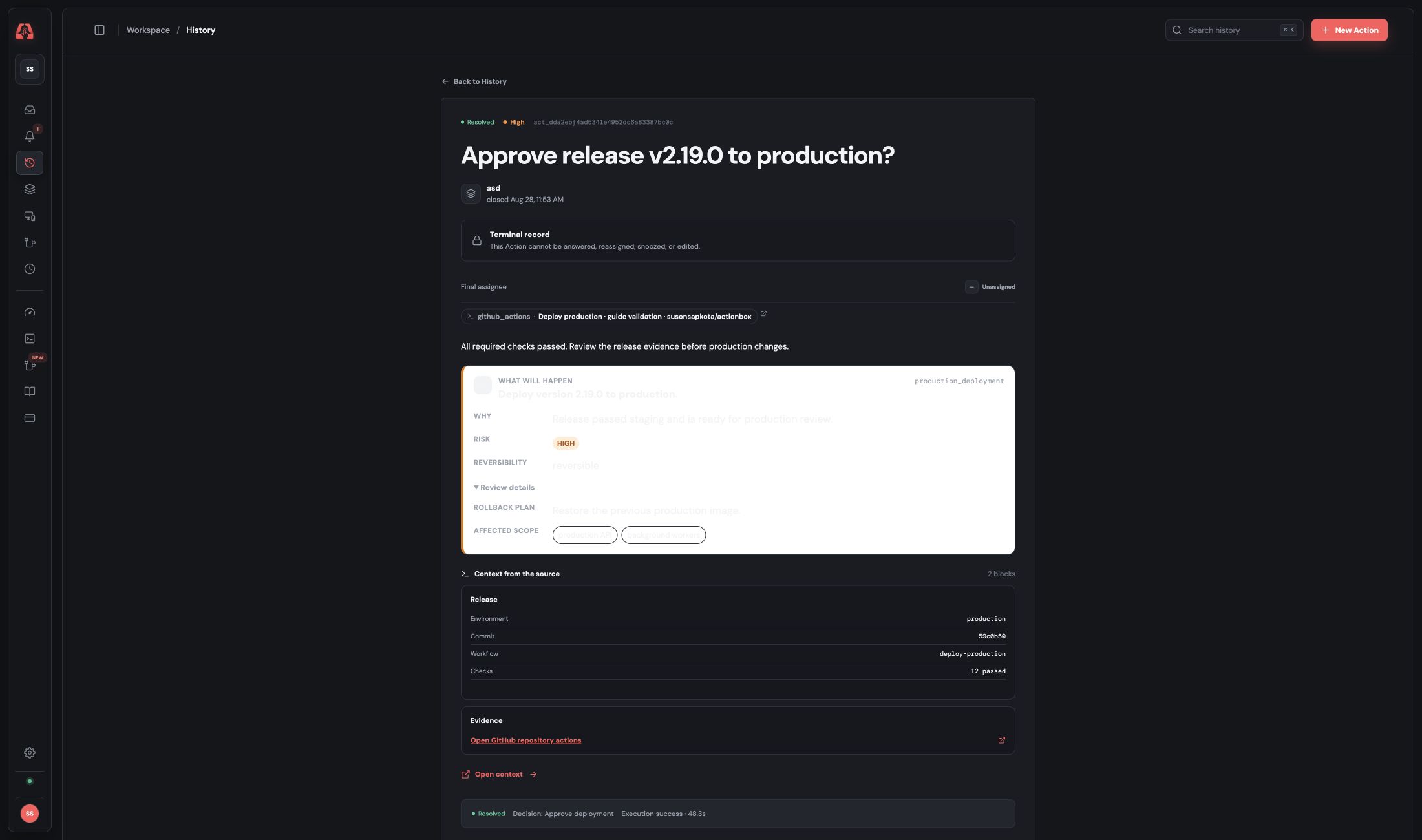 Resolved deployment approval with a successful execution outcome and audit events