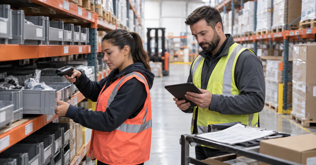 Warehouse staff checking a storage bin and reviewing a cycle count variance