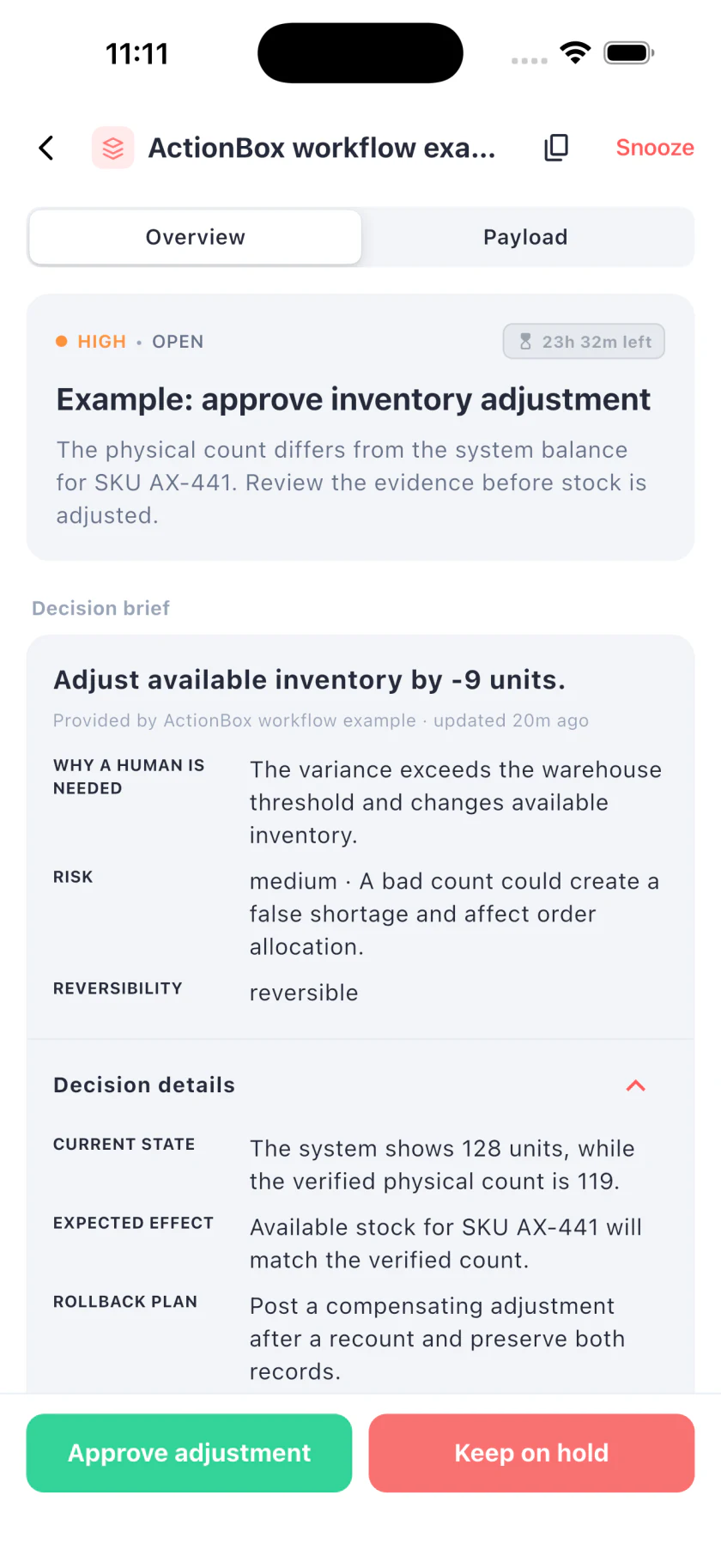 ActionBox mobile Action showing an inventory adjustment from 128 units to 119 with approve and keep on hold responses