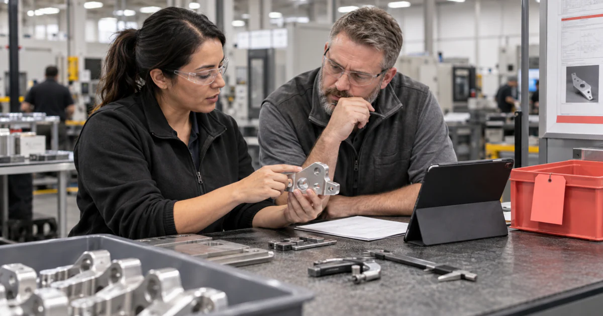 Quality and operations professionals reviewing a nonconforming machined part at an inspection station