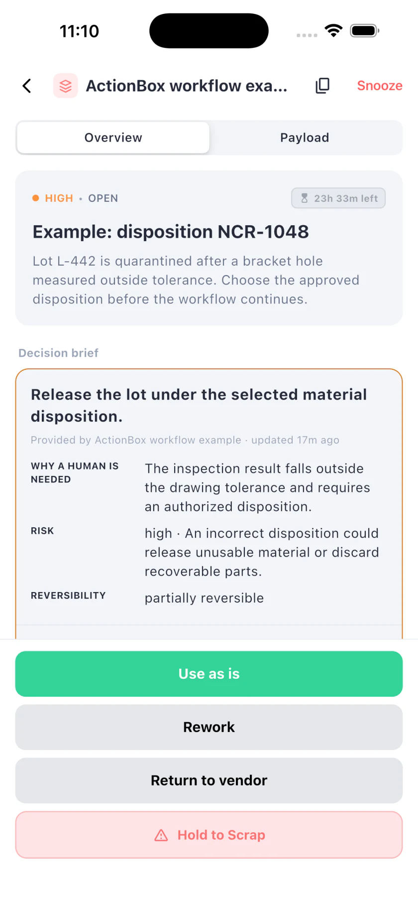ActionBox mobile Action showing an NCR disposition with use as is, rework, return to vendor, and scrap choices