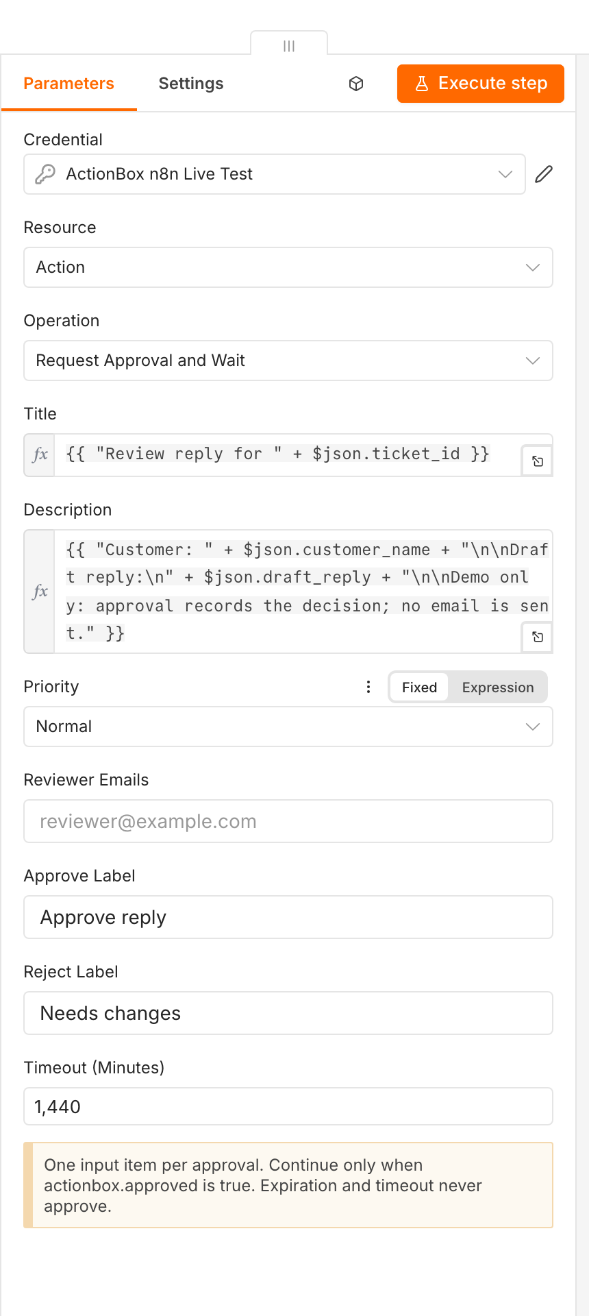 The Request Approval and Wait operation configured in a local n8n workflow