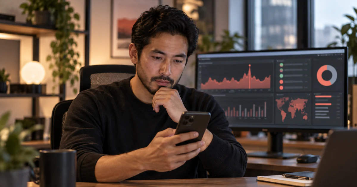 On-call engineer reviewing a production rollback decision on a phone beside incident monitoring charts