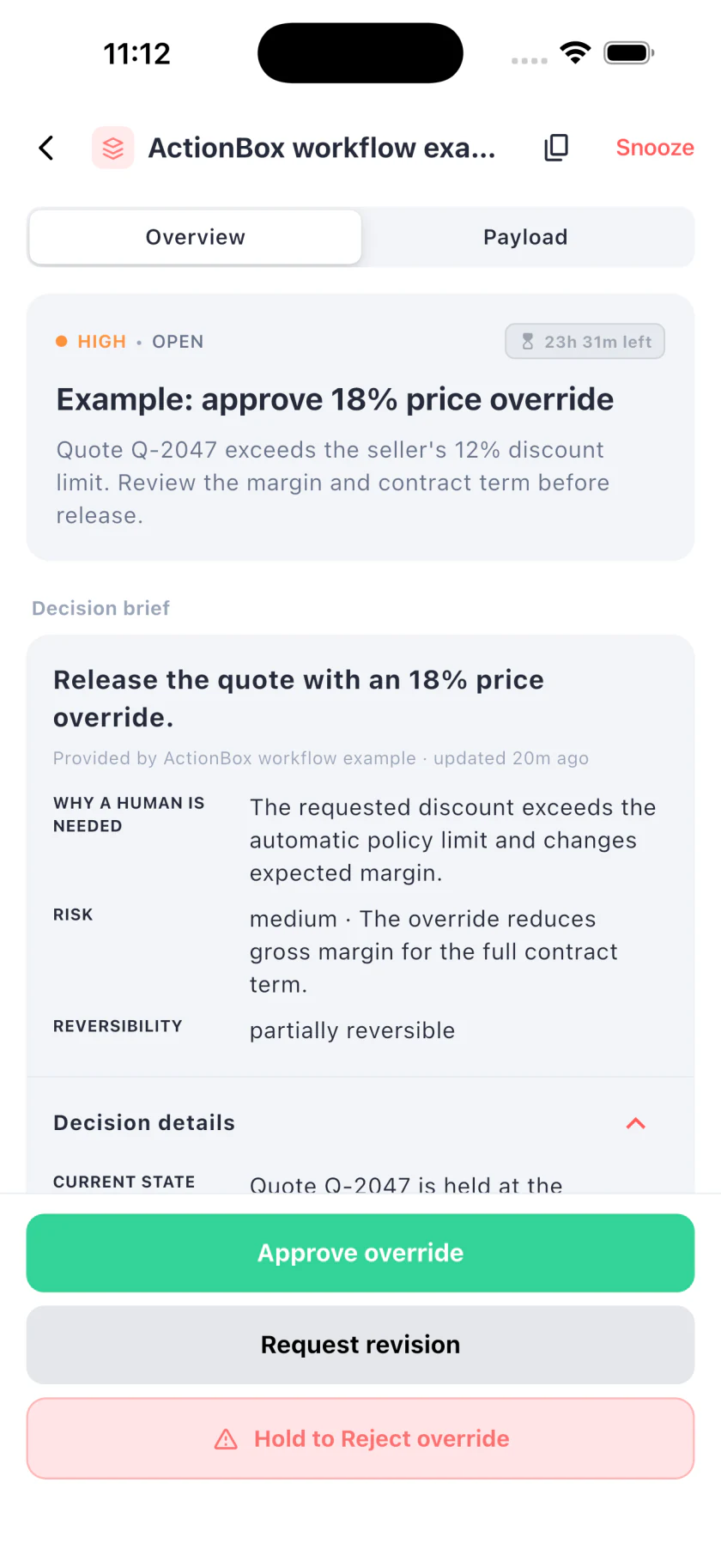 ActionBox mobile Action showing an 18 percent price override with approve, request revision, and reject responses