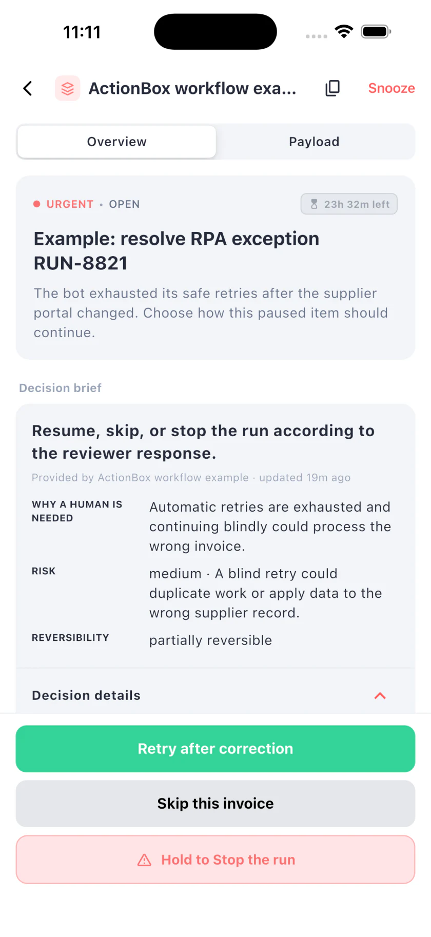 ActionBox mobile Action showing an RPA exception with retry after correction, skip invoice, and stop run responses