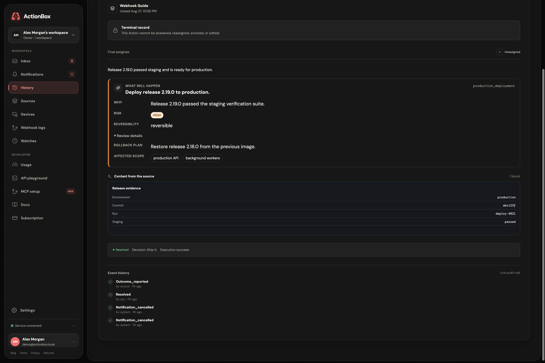 Actionbox terminal Action showing a decision, successful execution outcome, and event history