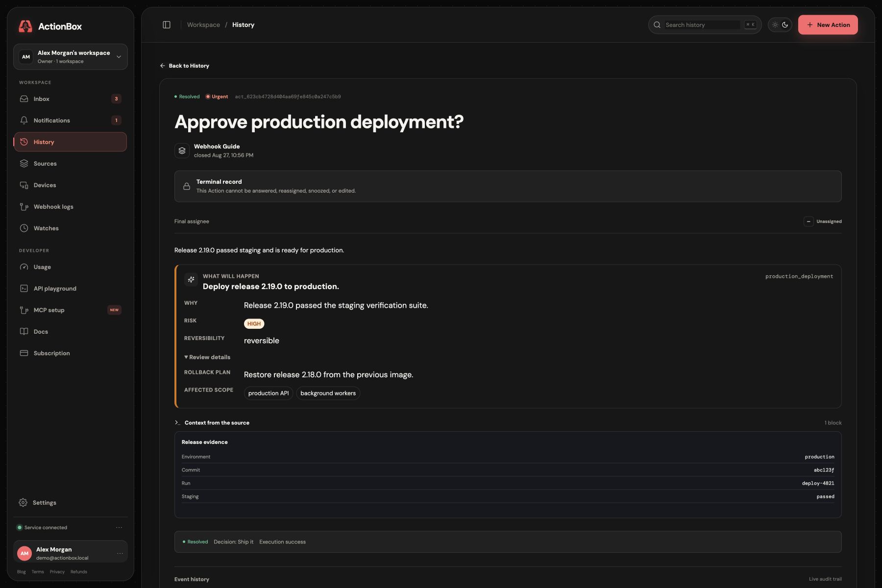 Resolved Actionbox production-deployment review with structured risk and rollback context