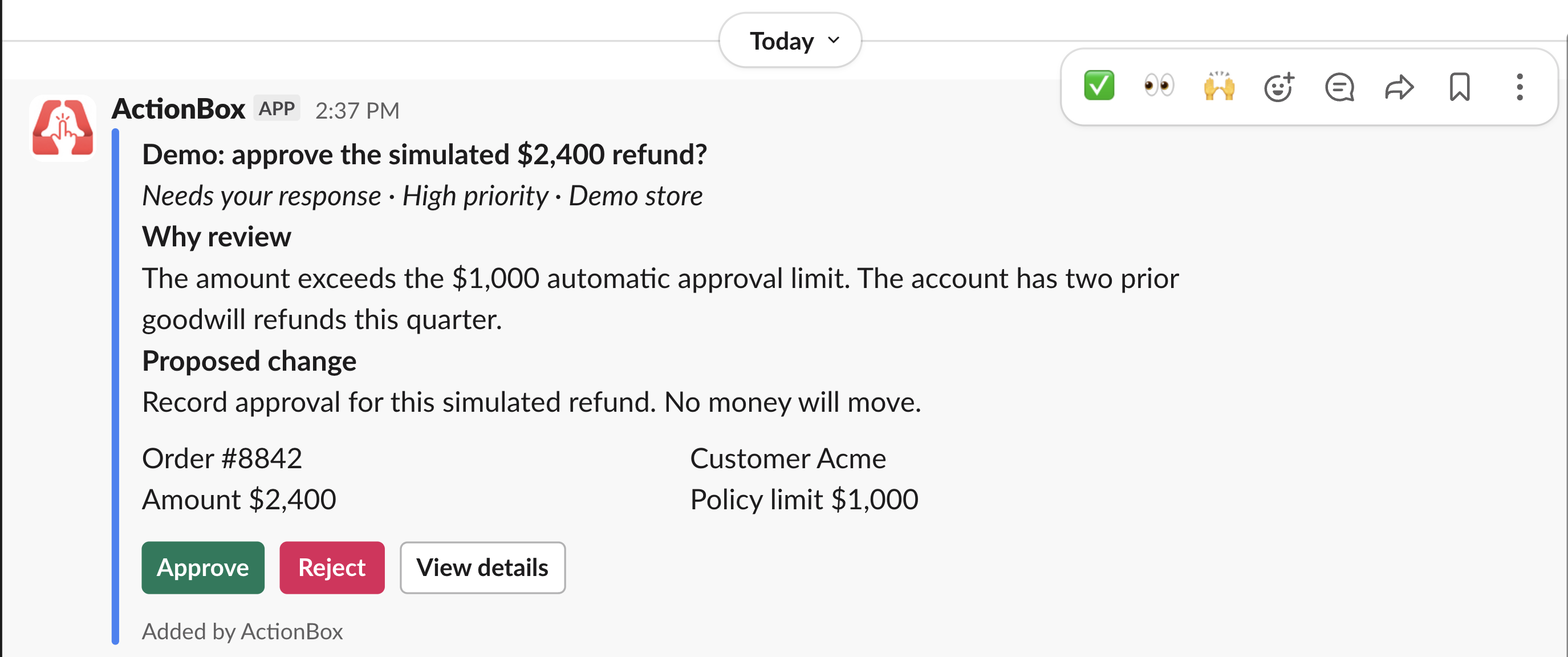 ActionBox Slack approval card for a simulated refund; no money moves